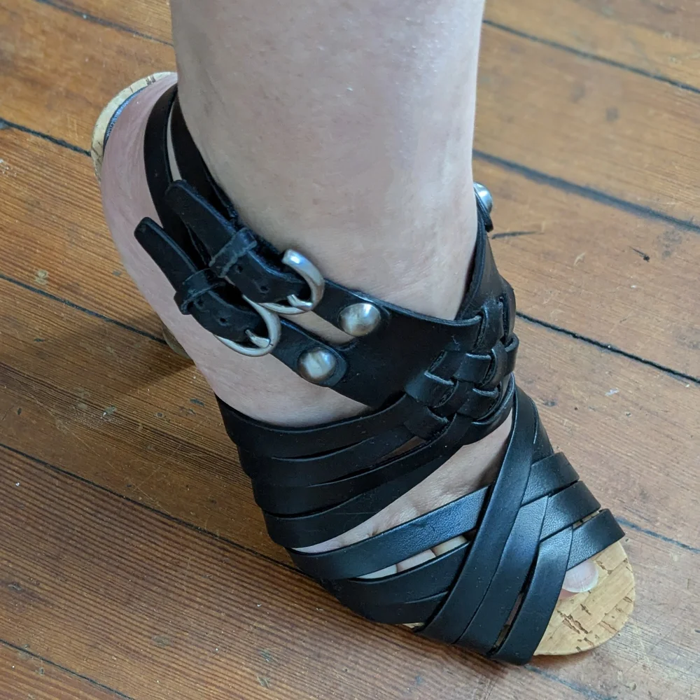 Coach Black Leather Adrienn Strappy Block Heel Cork Sandals 6.5